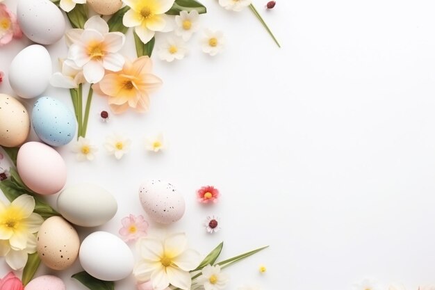 Há muitos ovos e flores de cores diferentes na superfície branca generativa ai