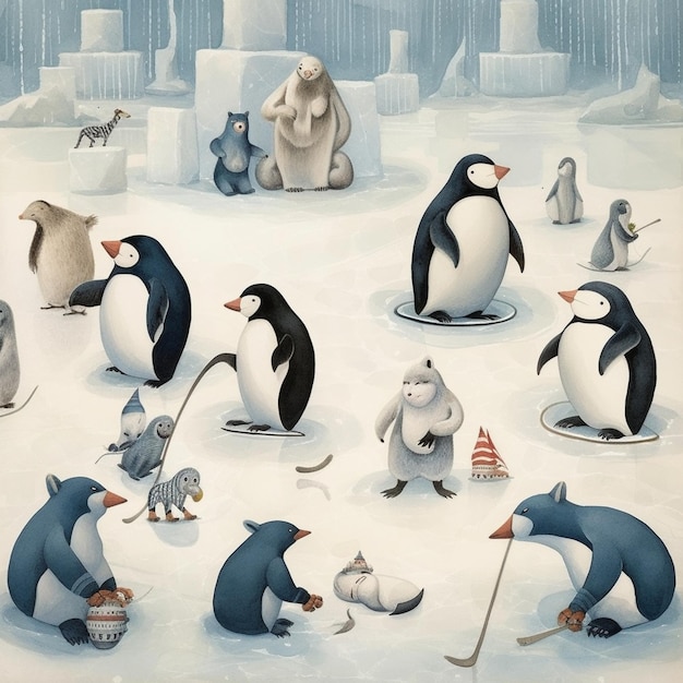 Há muitos pinguins e ursos polares brincando na neve generativa ai