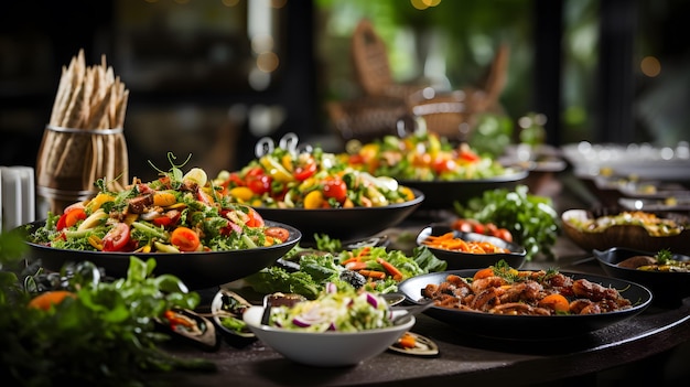 há muitos pratos de comida em uma mesa com muitas saladas IA generativa