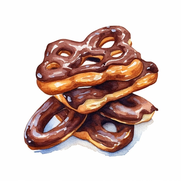 Há muitos pretzels com cobertura em chocolate em uma superfície branca generativa ai