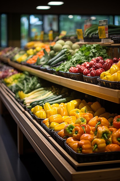 Há muitos tipos diferentes de vegetais em exibição em uma loja ai generativa