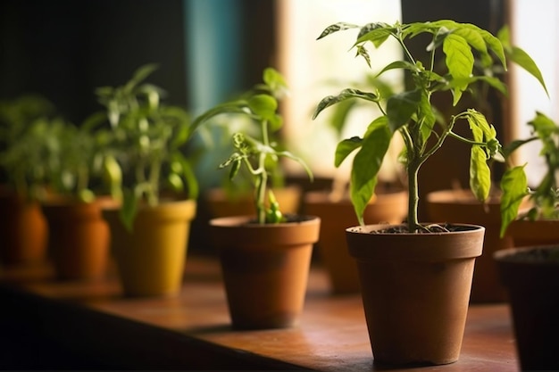 Há muitos vasos com plantas neles em uma prateleira generativa ai