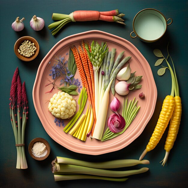 há muitos vegetais diferentes em um prato sobre uma mesa generativa ai