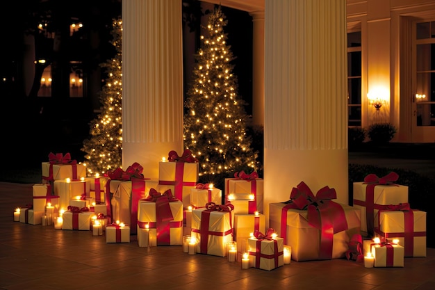 Há presentes embrulhados debaixo da árvore de Natal na sala