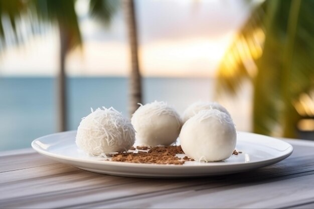 Foto há quatro bolas de coco em um prato sobre uma mesa generativa ai