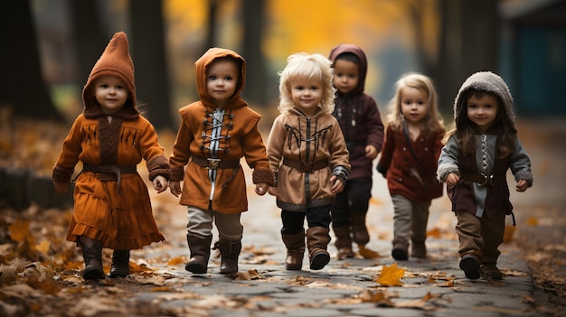 há quatro crianças fantasiadas caminhando por um caminho IA generativa