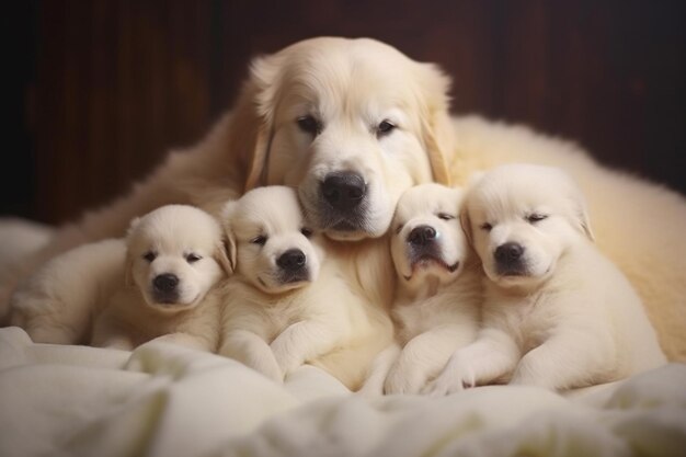 Há quatro filhotes de um cão deitado em uma cama generativa ai