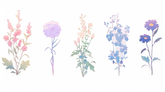 há quatro flores diferentes pintadas em um fundo branco ai generativo