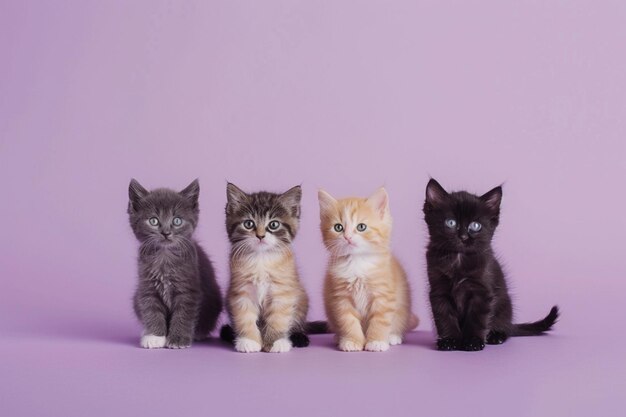 há quatro gatinhos sentados em fila em um fundo roxo generativo ai