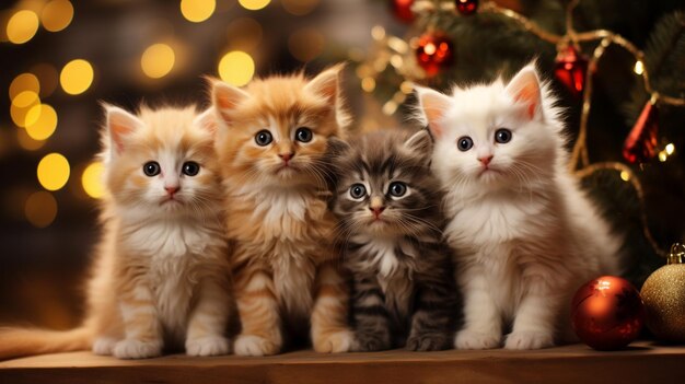 Há quatro gatinhos sentados juntos na frente de uma árvore de Natal generativa ai