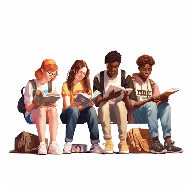 Foto há quatro pessoas sentadas num banco a ler livros.
