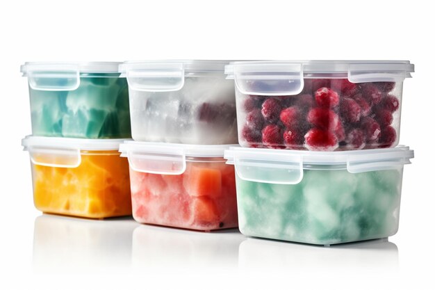 Há quatro recipientes de frutas congeladas neles em uma superfície branca generativa ai