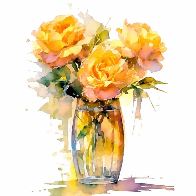 Há rosas amarelas em um vaso em um fundo branco generativo ai