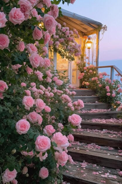 Há rosas rosas crescendo nas escadas que levam a uma casa generativa ai