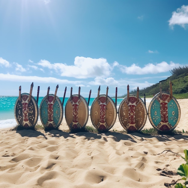 Foto há sete escudos alinhados na praia com o oceano ao fundo.