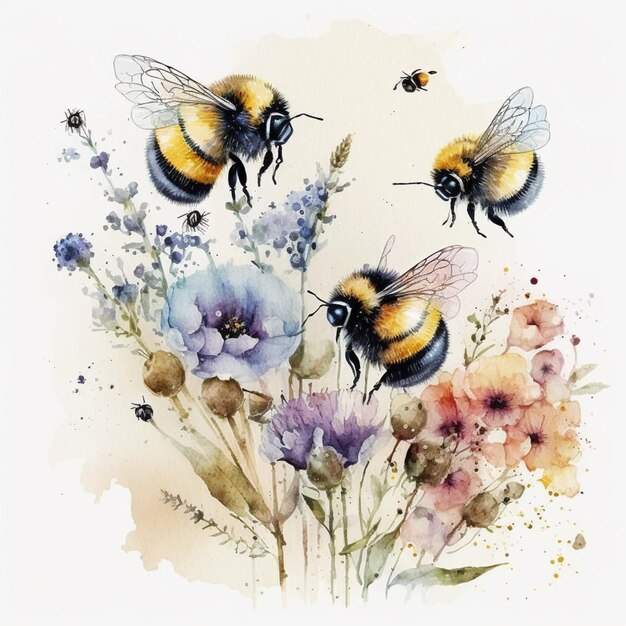 Há três abelhas voando sobre um monte de flores generativo ai