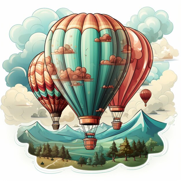 Há três balões de ar quente a voar sobre uma montanha e um lago.
