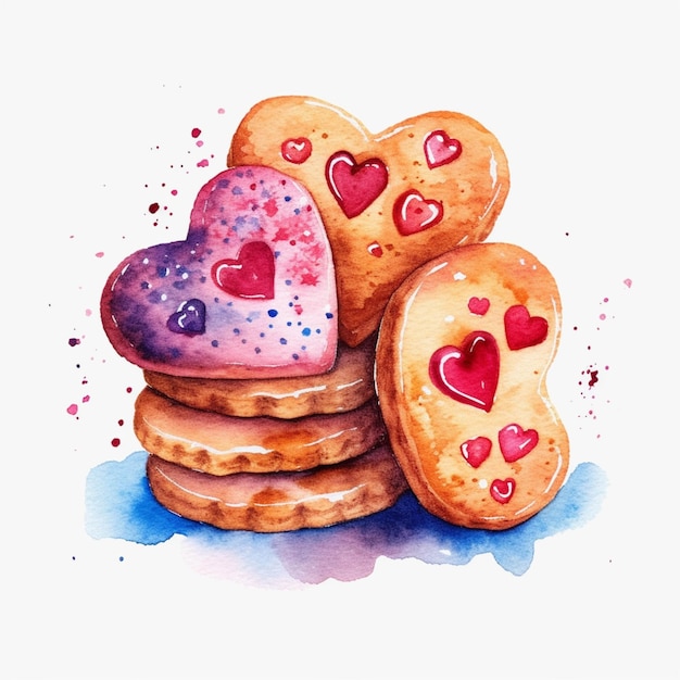 Há três biscoitos com corações em cima de uma mesa generativa ai