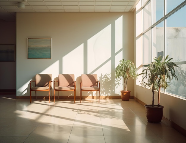 Há três cadeiras numa sala de espera com uma planta no canto.