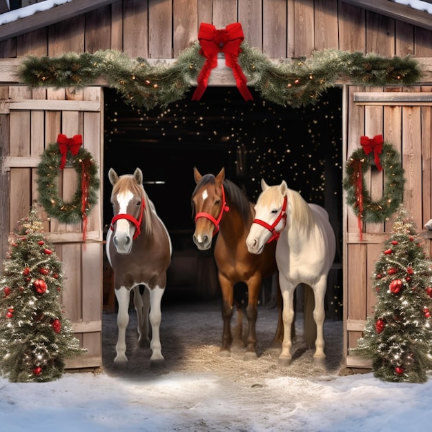 Foto há três cavalos parados em um celeiro com decorações de natal generativas ai