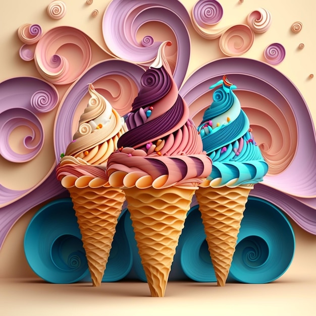 Há três cones de sorvete com sabores diferentes sobre eles.