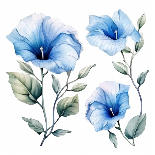 há três flores azuis em um ramo com folhas generativas ai
