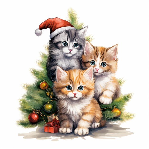 há três gatinhos sentados ao lado de uma árvore de natal generativa ai