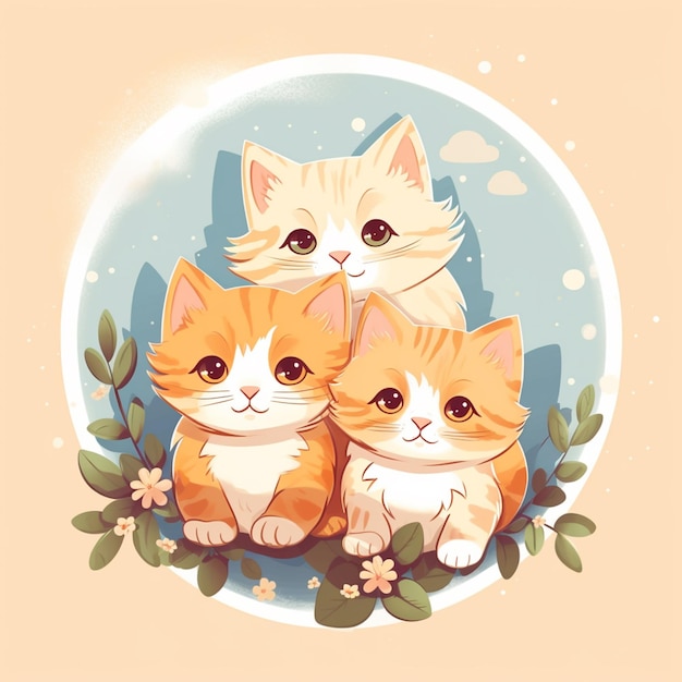Há três gatinhos sentados juntos em círculo com flores generativas ai