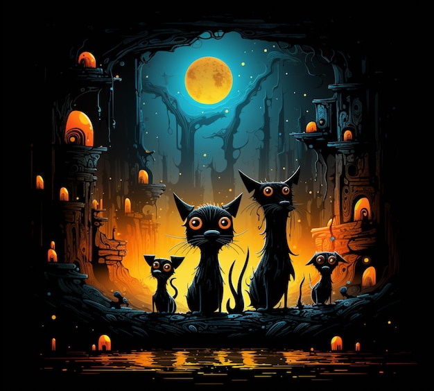 Há três gatos que estão de pé em frente a uma lua cheia.