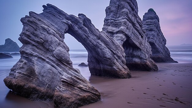 Há três grandes rochas na praia perto do gerador de água ai