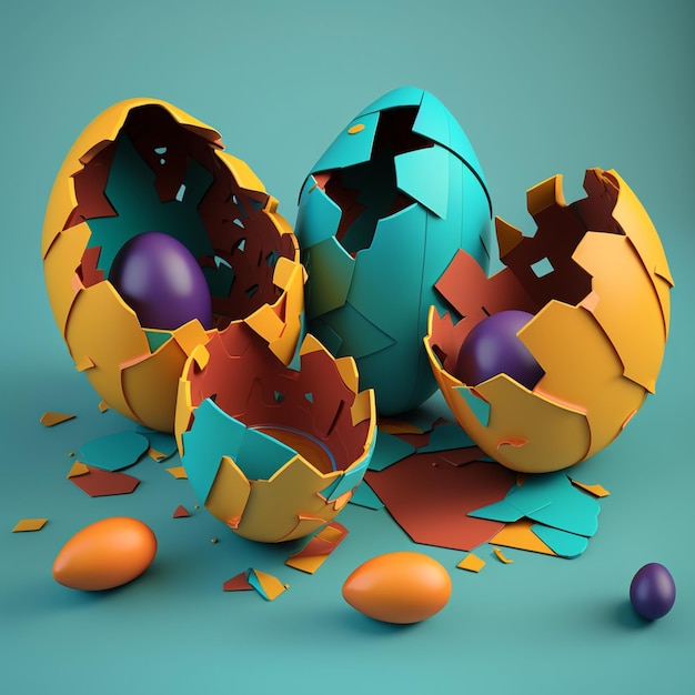 Há três ovos que estão quebrados numa superfície azul generativa.