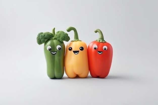 Há três pimentas com rostos e olhos neles generative ai