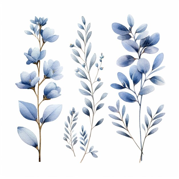 Há três tipos diferentes de flores azuis em um fundo branco generativo ai