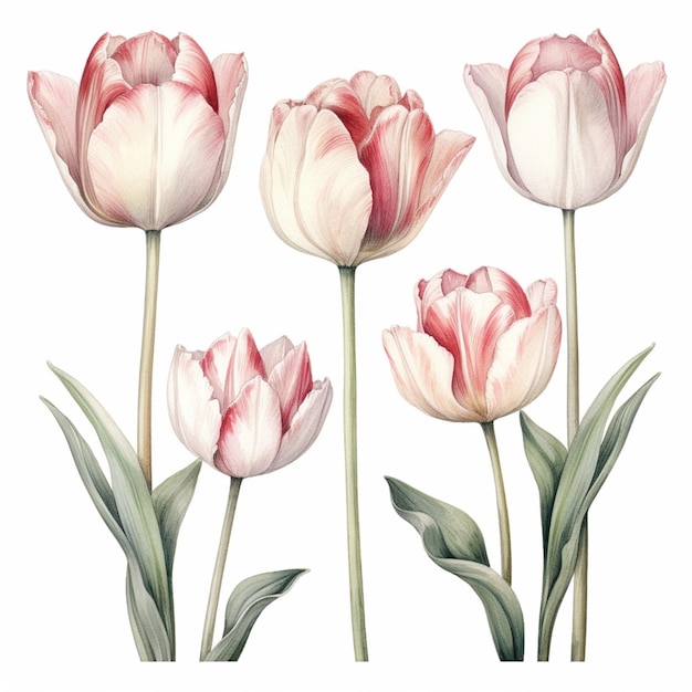 Há três tulipas cor de rosa e brancas em um fundo branco generativo ai