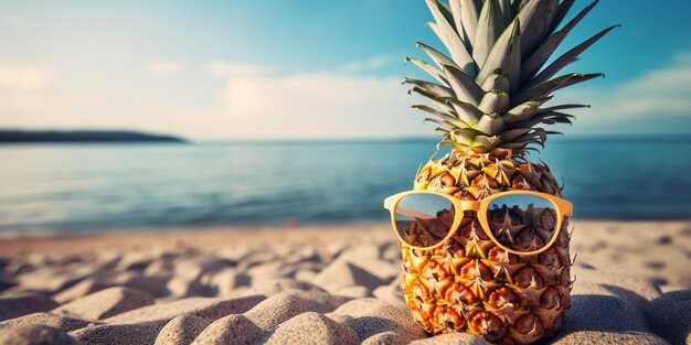 Foto há um abacaxi com óculos de sol na areia perto da água geradora ai