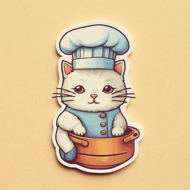 Foto há um adesivo de um gato usando um chapéu de chef ai generativo