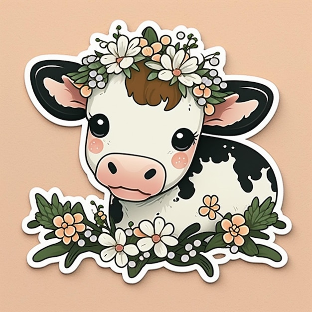 Foto há um adesivo de uma vaca com flores ai generativa