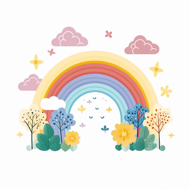 Foto há um arco-íris e flores no céu com nuvens generativa ai