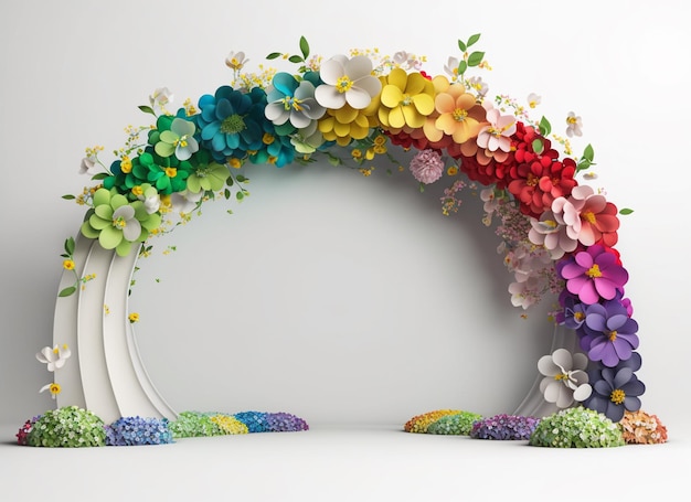 Há um arco-íris feito de flores de papel em um fundo branco generativo ai