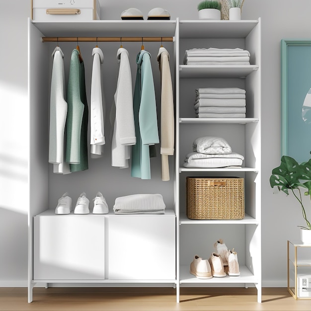 Foto há um armário branco com uma estante e uma estante com roupas generativas ai