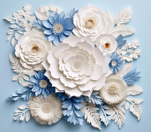 Há um arranjo de flores de papel em um fundo azul generativo ai