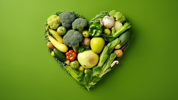 Há um arranjo em forma de coração de legumes e frutas em um fundo verde generativo ai