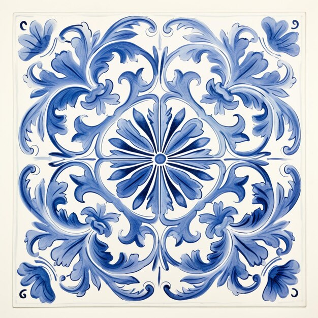 há um azulejo azul e branco com um desenho de flor ai generativo