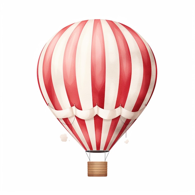 Há um balão de ar quente listrado vermelho e branco voando generativo ai