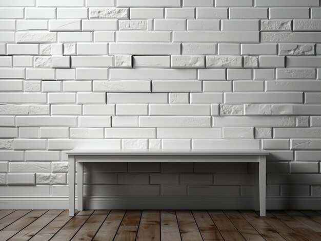 Foto há um banco branco sentado na frente de uma parede de tijolos brancos generativo ai