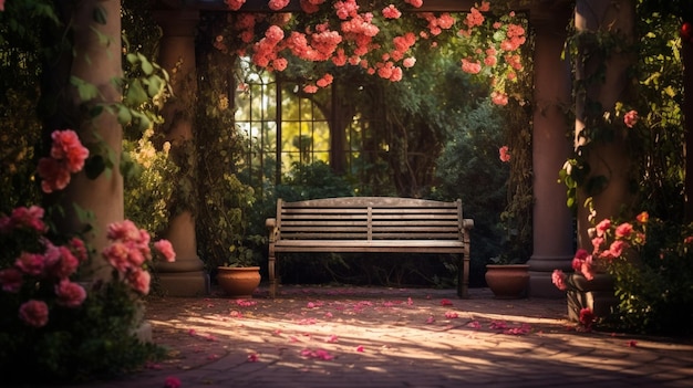 Foto há um banco no meio de um jardim com flores rosa generativas ai