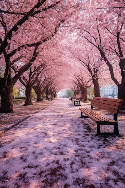 Há um banco sob um dossel de flores cor de rosa em um parque generativo ai