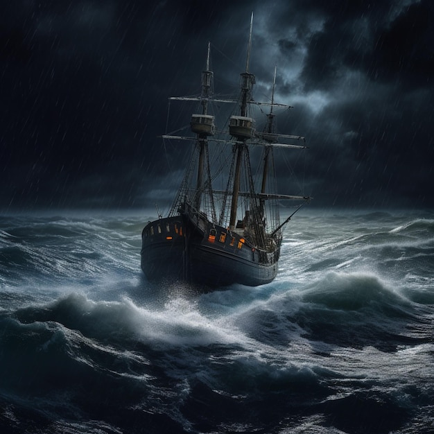 Há um barco no meio de uma tempestade com um céu de fundo generativo ai