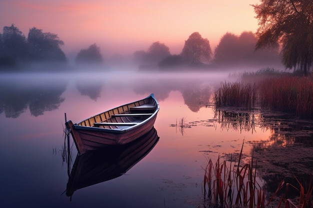 Há um barco que está parado na água na neblina generativa ai