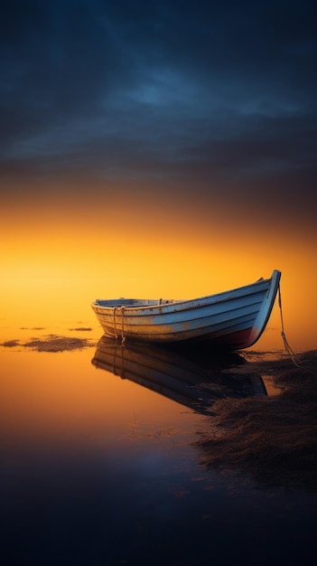 Há um barco que está sentado na costa da água geradora ai